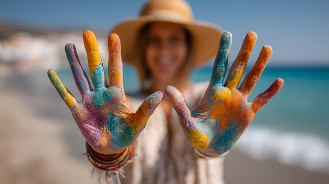 Kreative Künstlerin mit bunten Händen am Strand