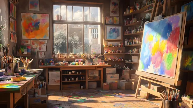Kreative Künstlerwerkstatt mit bunten Gemälden und Malutensilien