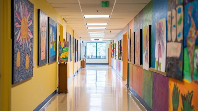 Kreative Kunstausstellung in Schulflur