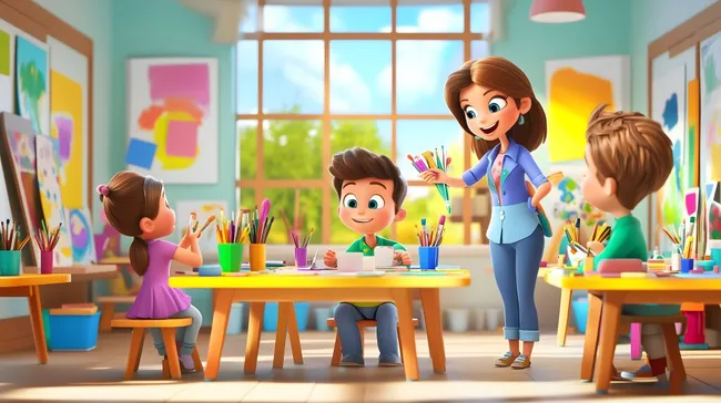 Kreative Kunstschüler in farbenfrohem Klassenzimmer