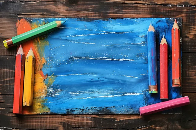 Kreative Malutensilien vor Holzhintergrund