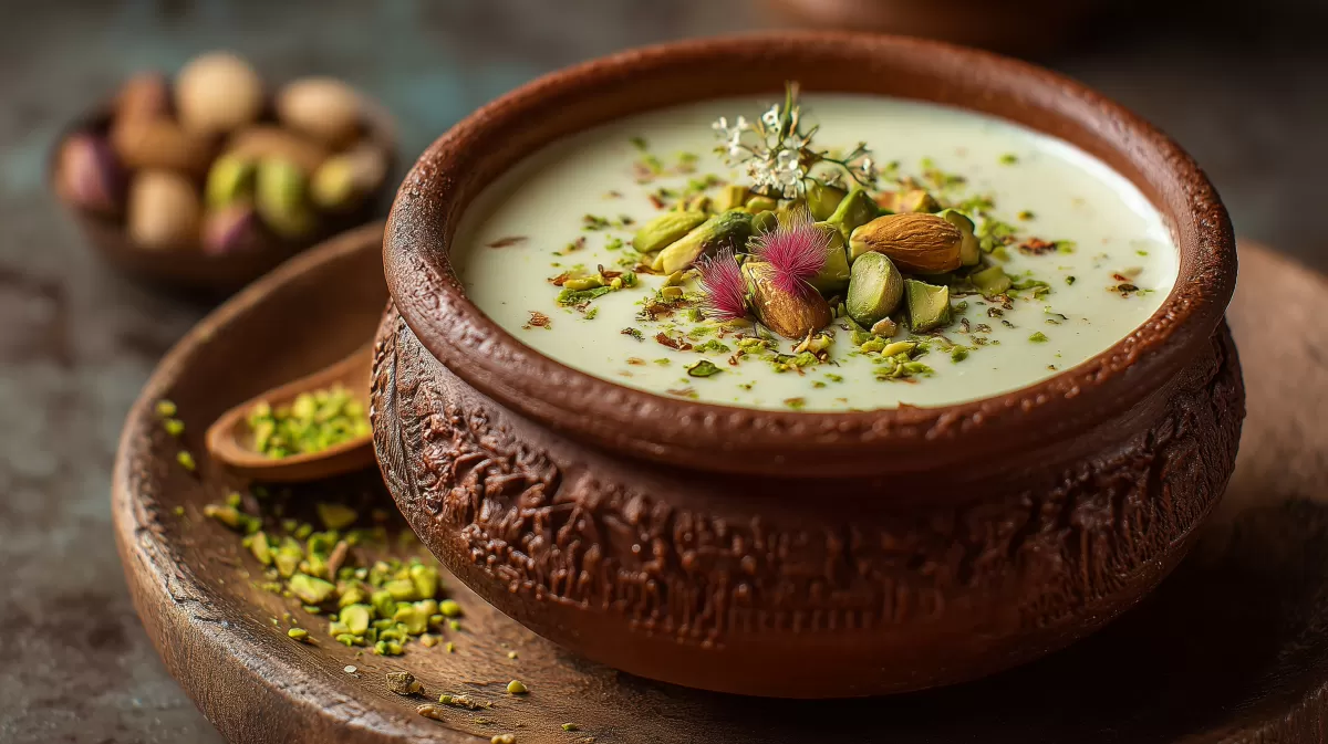 Kreative Mandel-Pistazien-Suppe in rustikaler Holzschale