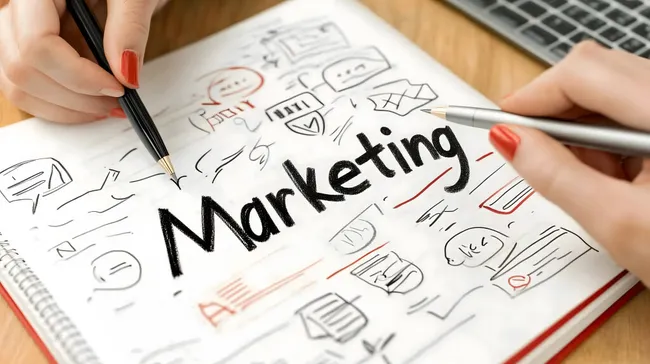 Kreative Marketingskizze mit Symbolen und Konzepten