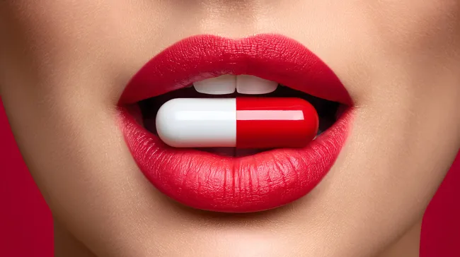 Kreative Medizinkapsel in den roten Lippen