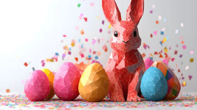 Kreative Osterdekoration mit geometrischen Eiern und Kaninchen