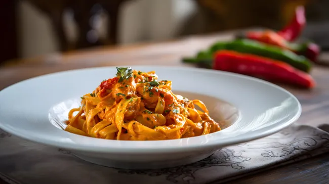 Kreative Pasta mit Tomaten und Gemüse auf weißem Teller