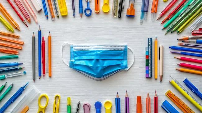 Kreative Schulbedarf mit medizinischer Maske