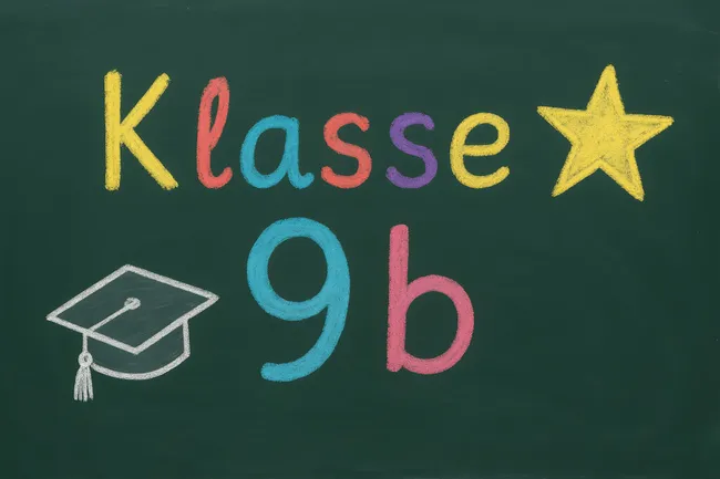 Kreative Schulklasse 9b mit Sternlogo und Abschlusskappe