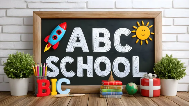 Kreative Schulutensilien auf moderner Tafel