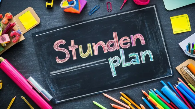 Kreative Schulutensilien und Tafel mit Stundenplan
