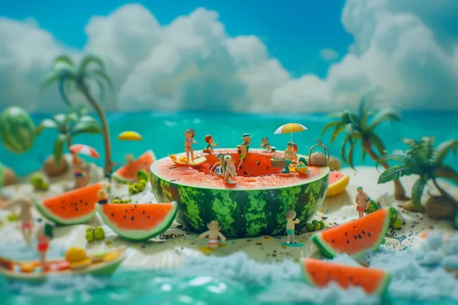 Kreative Sommerszene mit Wassermelone und Miniatur-Personen