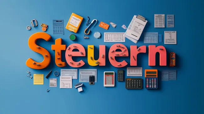 Kreative Steuerformulare und Büroartikel auf blauem Hintergrund