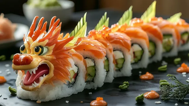 Kreative Sushi-Rolle in Drachenform