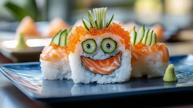 Kreative Sushirolle mit lustigem Gesicht