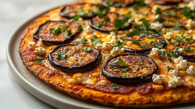 Kreative Tortilla-Pizza mit gegrillten Auberginen und Mais