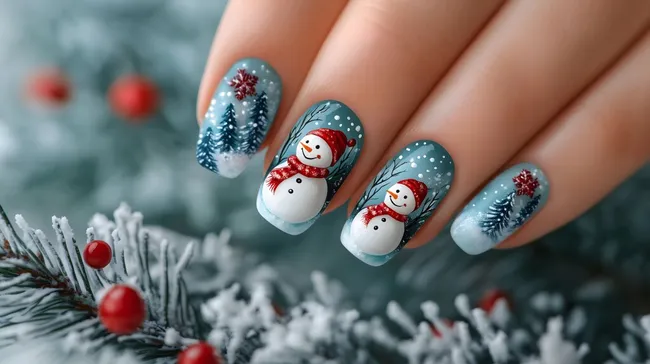 Kreative Winternagelkunst mit Schneemännern