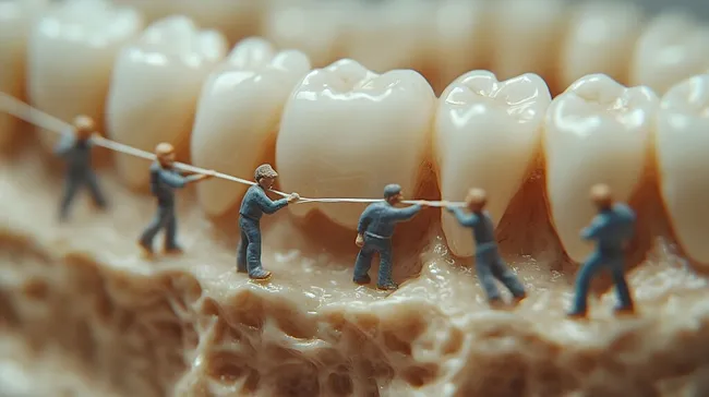 Kreative Zahnmedizin: Miniaturarbeiter beim Zähneputzen
