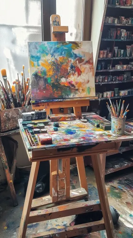 Kreativer Arbeitsplatz eines Künstlers mit buntem Gemälde