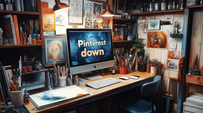 Kreativer Arbeitsplatz mit Malutensilien und Computer