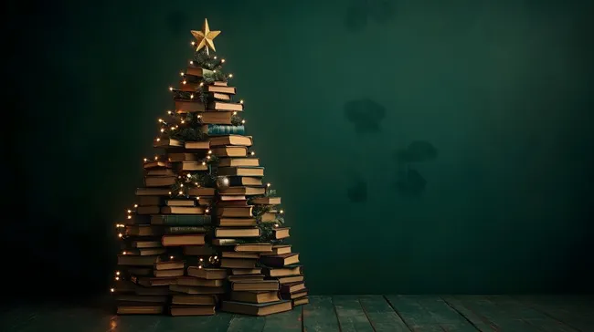 Kreativer Bücherbaum mit Weihnachtsbeleuchtung