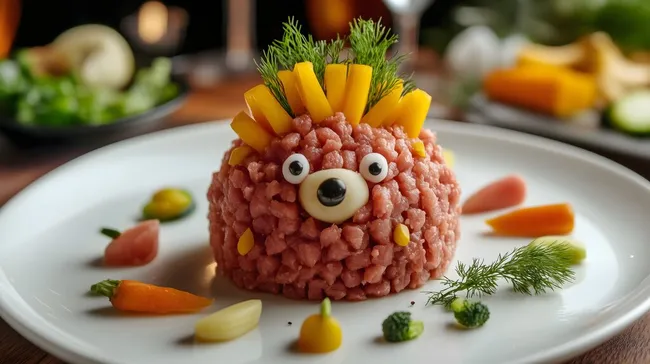 Kreativer Igel aus Hackfleisch und Gemüse auf Teller