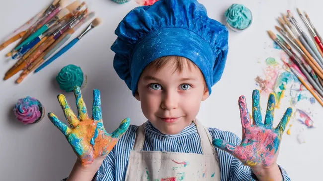 Kreativer Junge beim Malen mit farbigen Händen