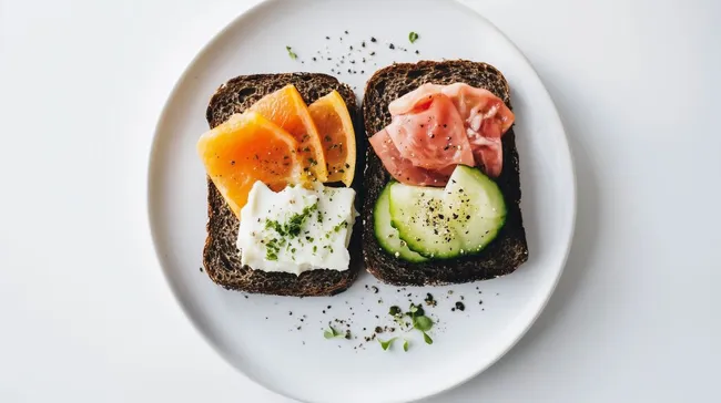 Kreativer Snack auf Dunkelbrot mit Gemüse und Zitrusfrüchten