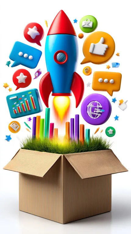 Kreativer Startup-Konzept mit Kartonbox und Symbolen