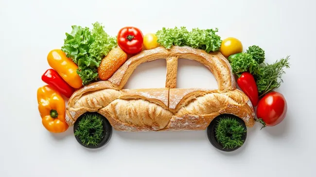 Kreatives Brotauto mit buntem Gemüse