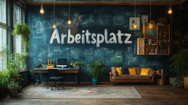 Kreatives Bürodesign mit Kreidetafel und Pflanzen