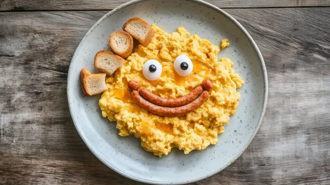 Kreatives Frühstücks-Rührei mit lustigem Gesicht