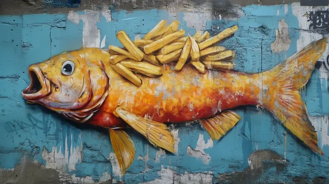Kreatives Graffiti mit Pommes und Fisch