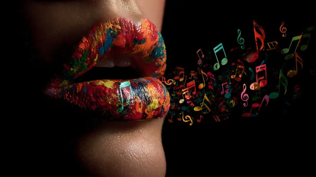 Kreatives Musikfotokunstwerk mit bunten Lippen
