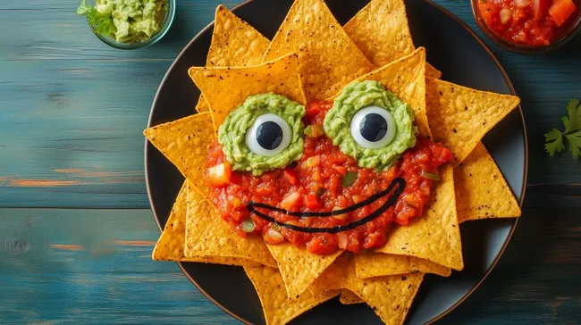 Kreatives Nacho-Gericht mit Guacamole und Tomatensalsa