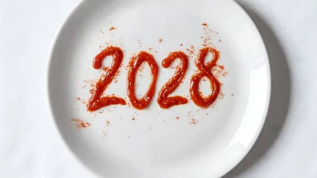 Kreatives Neujahrsmotiv aus Ketchup auf Teller