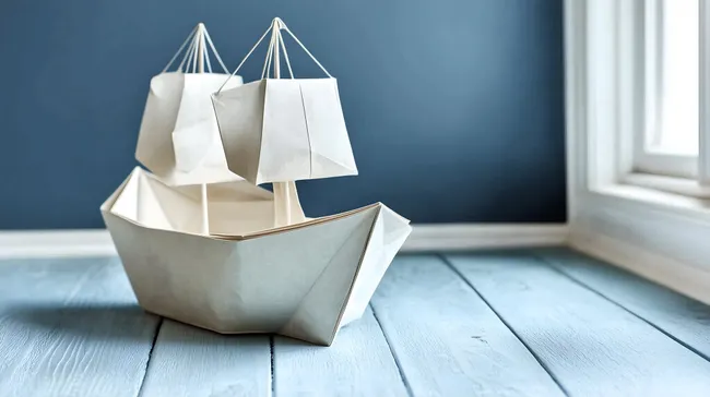 Kreatives Papierschiff auf blauem Holztisch