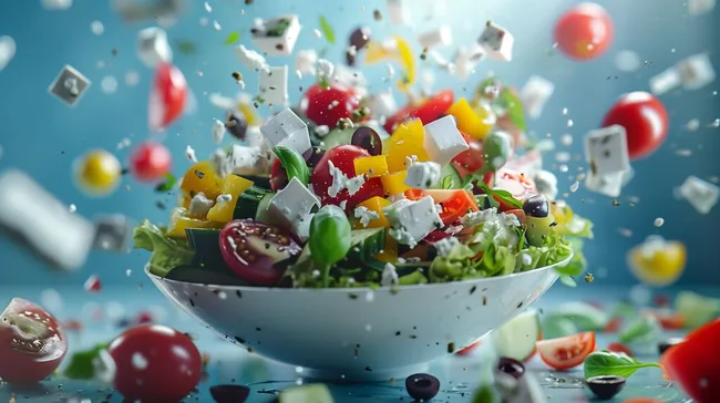 Kreatives Stillleben mit buntem Frischkäse-Salat