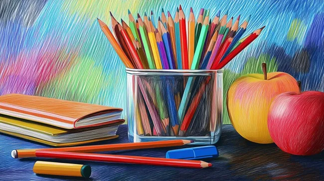 Kreatives Stillleben mit Buntstiften, Äpfeln und Notizbüchern