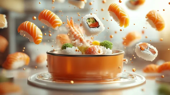 Kreatives Sushi-Arrangement in 3D-Optik