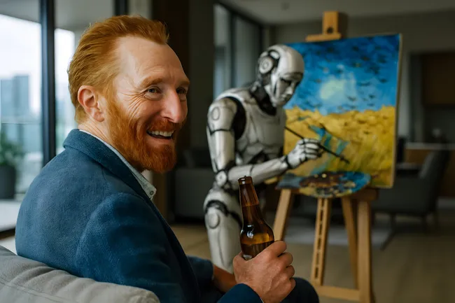 Kreativität und Moderne: Maler und Roboter in harmonischem Zusammenspiel