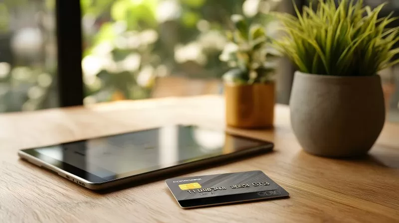 Kreditkarte neben Tablet auf Holztisch