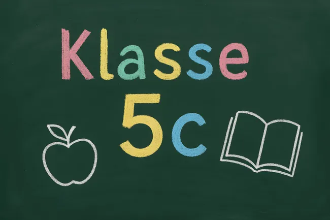 Kreide-Aufschrift 'Klasse 5c' auf Tafel mit Symbolen