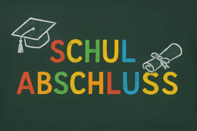Kreide-Aufschrift 'Schulabschluss' mit Diplom-Illustration