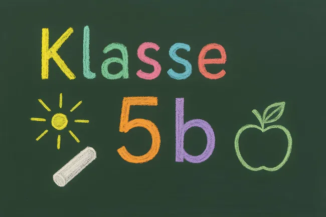 Kreide-Illustration der Klasse 5b mit Schulelementen