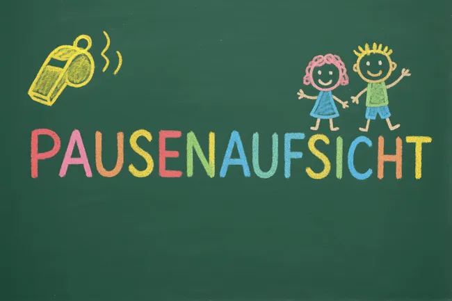 Kreide-Illustration einer Pause-Aufsicht mit glücklichen Kindern