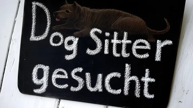 Kreide-Schriftzug 'Dog sitter gesucht' mit braunem Hund