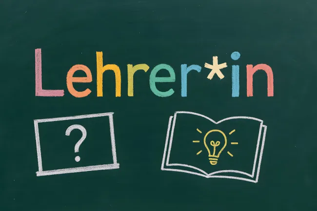 Kreide-Schriftzug 'Lehrerin' mit Buch und Fragezeichen