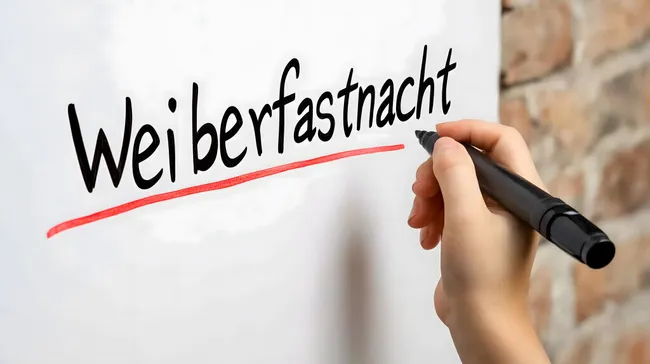 Kreide-Schriftzug 'Weiberfastnacht' auf weißer Wand