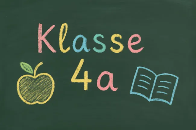Kreide-Schultafel mit Klasse 4a, Apfel und Buch