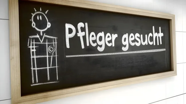 Kreide-Tafel mit Pflegekraft-Stellenausschreibung